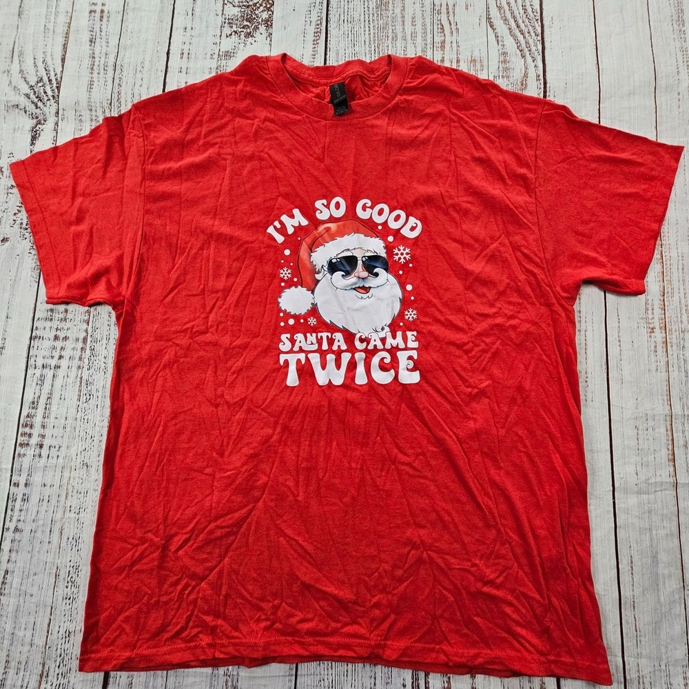 So Good Santa Came Twice Christmas Red Short Sleeve Cotton T-Shirt Adult L